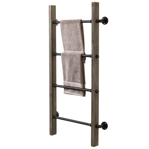 MyGift Wall Mounted Blanket Ladder Farmhouse Gray Wood and Industrial Metal Pipe Towel Hanging Rack