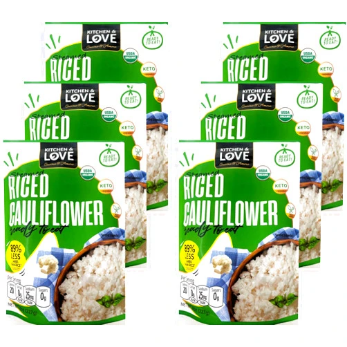 Kitchen & Love Organic Riced Cauliflower 8 oz (6 Pack) | Low Carb, Low Calorie, Healthy Rice Alternative, Vegan, Gluten Free, Ready to Eat & Microwaveable, Dairy Free, Shelf Stable