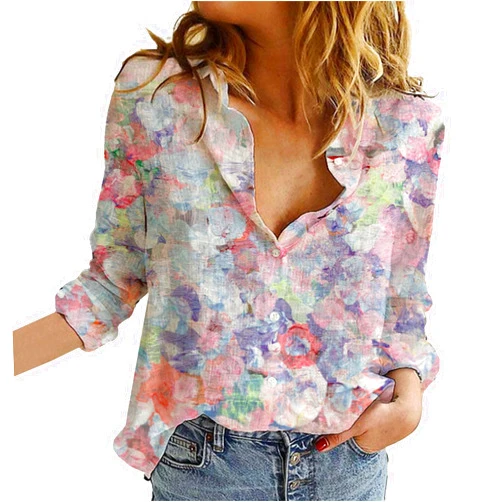 Generic White Blouse for Women Print Natural Autumn Fragrant Fabric Shirt Womens Shirt White Button Up Shirt Women Boho