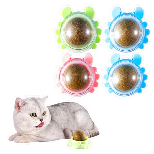 Tciika 4 Pack Catnip Ball Anxiety Relief Cat Edible Toy Ball for Licking Indoor Wall Magic Mint Stick Up 360° Rotatable Play Chew Teeth Cleaning