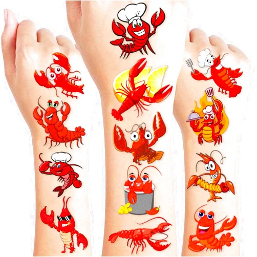Frawharmone 96PCS Crawfish Boil Pre-Cut Temporary Tattoos Themed Birthday Party Supplies Favors Decorations Summer Seafood Lobster Crayfish Shrimp Tattoo Stickers Gifts For Boys Girls Kids School Prizes Carnival