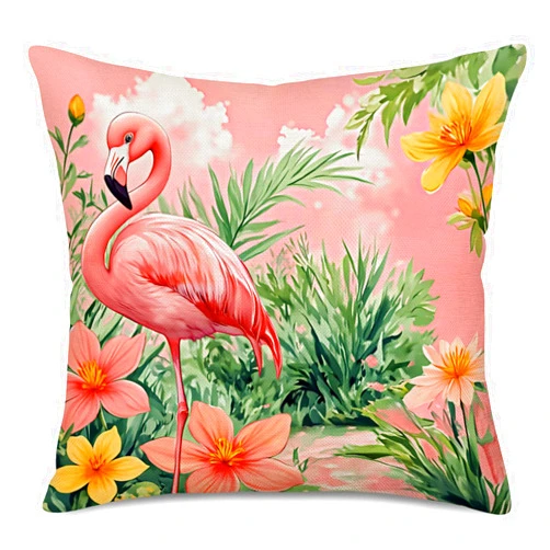 Asminifor Summer Pink Flamingo Throw Pillow Covers Cushion Case Decorative Watercolor Tropical Palm Leaves Colorful Flowers Cotton Linen Pillowcase Home Sofa Chair Cushion Cover 18”x18” (SP-Flamingo)