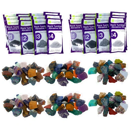 WireJewelry World Stone Mix Rock Tumbler Refill Kit - 3 Lbs. Each of Asia, Brazil and Madagascar Stone Mixes and 6 Batches of 4 Step Abrasive Grit and Polish
