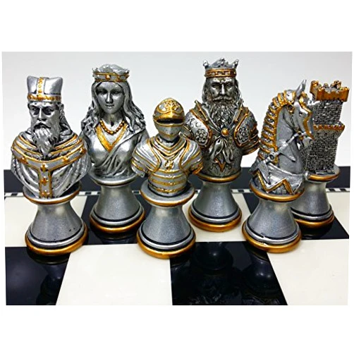 HPL Medieval Times Crusades Knight Chess Men Set Gold & Silver Busts - NO Board