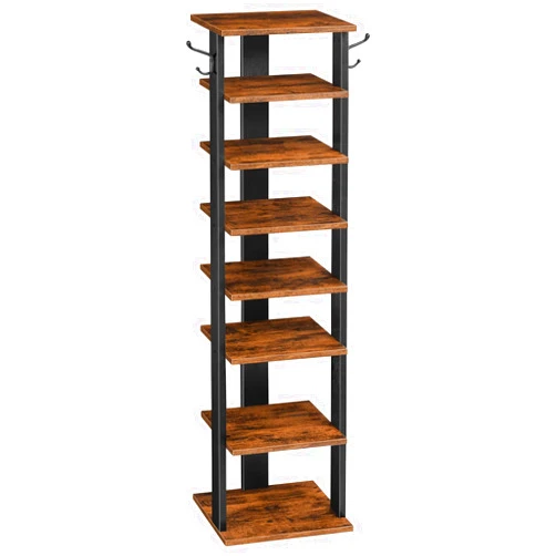 HOOBRO 8 Tiers Vertical Shoe Rack, Wooden Shoe Storage Organizer with Hooks, Narrow Shoe Tower for 8 Pairs, Space Saving, for Entryway, Living Room, Bedroom, Rustic Brown BF07XJ01G1