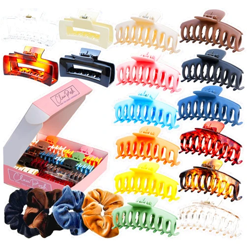 Clawposh 20 Pack- Large Hair Claw Clips for Thick Hair and Velvet Scrunchies, 4.3in & 4in Colorful Hair Clips Set With 4.5in Soft Hair Scrunchies Matches Any Outfit for Any Hairstyle on Any Occasion