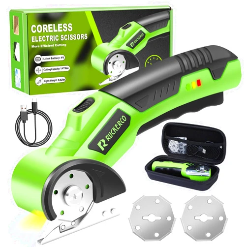 R RUCKERCO Cordless Electric Scissors Box Cutter 2 Rotary Blades – 4V Duty Rechargeable Cardboard Cutter, Storage Box & Fabric Scissor With Safety Lock, USB Cable – For Plastic, Carpet, Leather, DIY Crafts