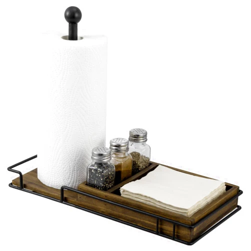 MyGift Rustic Kitchen and Dining Combo Caddy - Burnt Solid Wood and Industrial Matte Black Metal Paper Towel Roll Dispenser Stand, Napkin Holder, Spice Rack with 3 Shakers