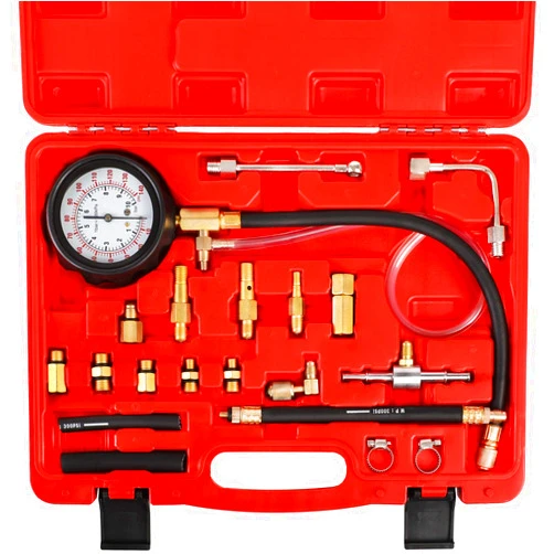 YSTOOL Fuel Pressure Tester Gauge Kit 140PSI Automotive Engine Injector Pump Test Gasoline Gas Injection Manometer Tool Set with Inline Fitting Schrader Adapter for Auto Car Motorcycle (Red Case)