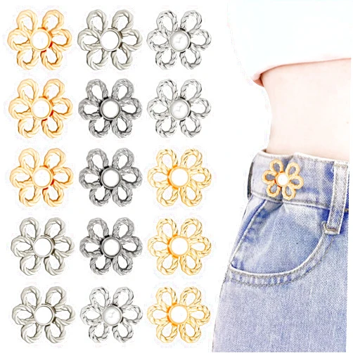 Evherv 15 Sets Flower Jeans Button Pant Waist Tightener, Adjustable Waist Buckle Sets No Sew and No Tools Detachable Decorative Waist Buckles, Jean Buttons Pins for Loose Jeans, Pants, Skirts, Sleeves