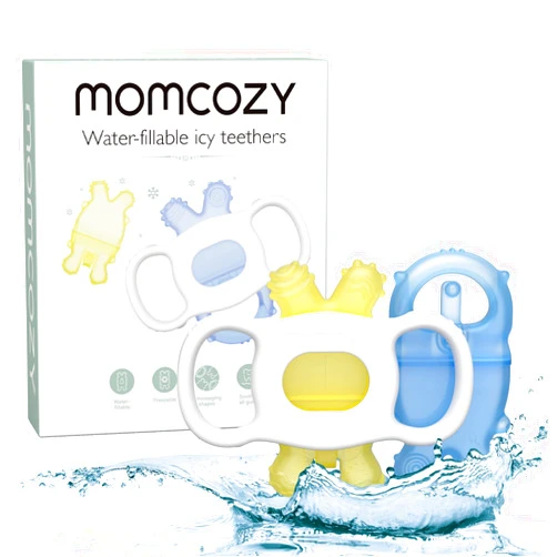 Momcozy Baby Teether Toys, Water Fillable Silicone Cold Teether, Baby Teething Toys Chill Teether, Baby Toys for Teething Relief 0-12 Months, Blue and Yellow 2 Pcs