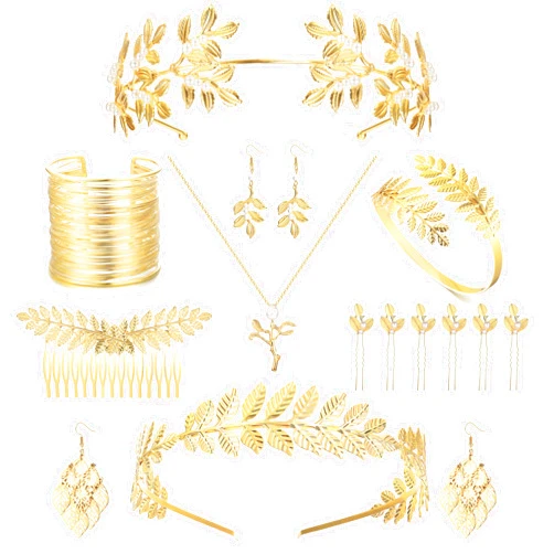 FASACCO 16 Pcs Greek Goddess Costume Accessories Women Toga Costume Jewelry Golden Leaves Crown Headband Necklace Pearl Earrings Coil Bracelet Hair Comb Greek Goddess Headpiece for Women Wedding Party