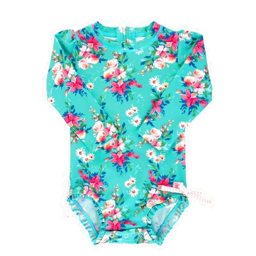 RuffleButts® Girls UPF 50+ Sun Protection Long Sleeve One Piece Swimsuit with Zipper
