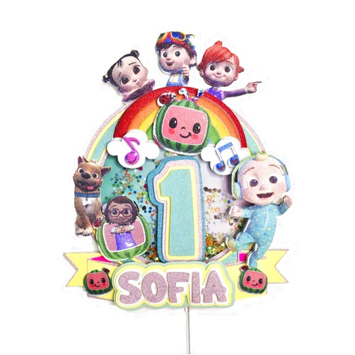 Handmade Personalized 3D Glitter Cartoon Cake Toppers for Children's Birthdays (Cocomelon)