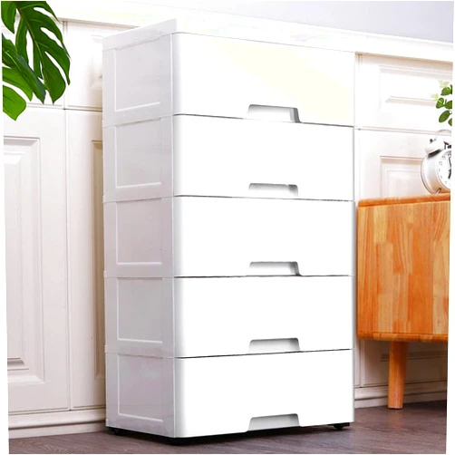 HOLMZCED 5 Tiers Storage Cabinet with Drawers, Stackable Vertical Storage Tower with Removable Wheels Mobile Plastic Storage Organizer Unit with Large Capacity White for Bedroom Living Room Entrance