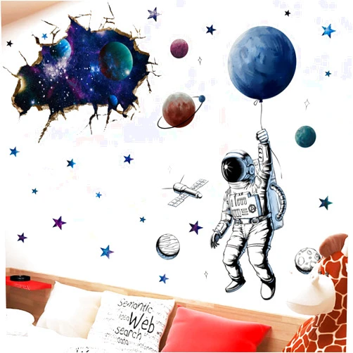RUIPBOTE Outer Space Wall Decor for Boys Room Art, Colorful Planets Rocket Spaceship Stars and Astronaut Kids Wall Decal Nursery Bedroom Playroom Classroom Decoration Stickers (#A)
