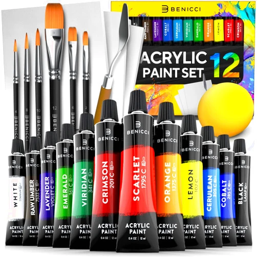 Benicci Complete Acrylic Paint Set – 12х Rich Pigment Colors & 6x Art Brushes - Includes 3 Paint Canvases, Palette Knife & Sponge - Perfect for Canvas, Clay, Ceramic - Non-Toxic, Great for Kids & Adults