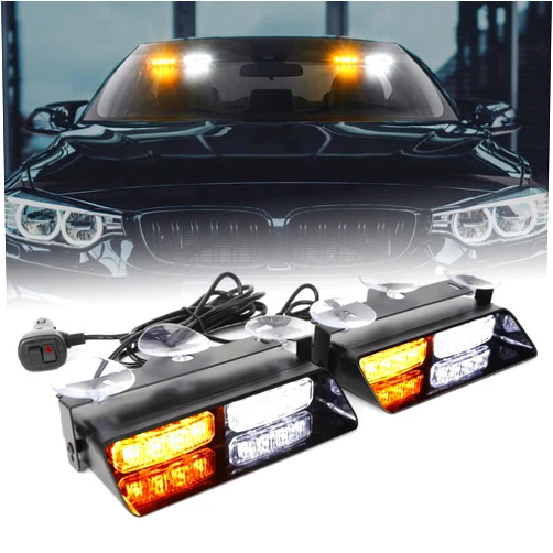 OPPBUY Amber White 2 In 1 Emergency Dash Strobe Lights,18 Flashing Mode Interior Windshield Deck Split Hazard Safety Warning with Suction Cups for Construction Car Trucks Vehicles-2PCS