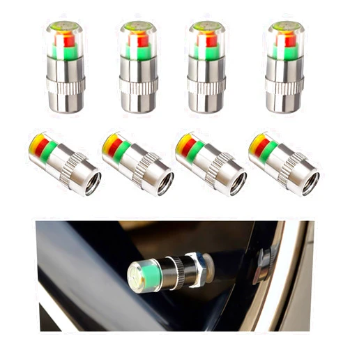 Gasedin 8 PCS Car Tire Valve Stem Caps, Auto Tire Pressure Monitor Valve Stem Caps, 36 PSI 2.4 Bar Vehicle Tire Pressure Caps with 3 Color Eye Alert, Universal Car Accessories (Silver)