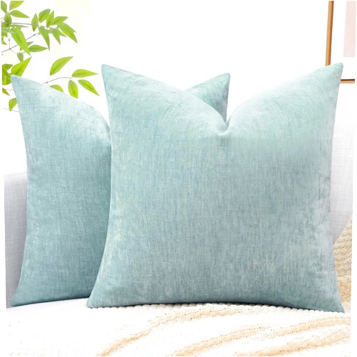 decorUhome Couch Throw Pillow Covers 20x20 Set of 2, Decorative Soft Chenille Solid Dyed Spring Pillow Covers for Sofa Bed Living Room, Aqua Haze
