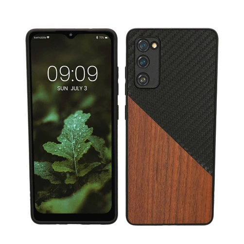 kwmobile Case Compatible with Samsung Galaxy S20 FE - Hard Phone Cover with TPU Bumper and Wood/Carbon Back - Dark Brown/Black