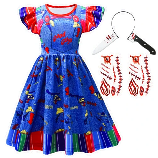 ADREIT Girls Princess Flying Sleeve Dress Kids Halloween Role Play Classic Killer Horror Movie Costumes with Sticker
