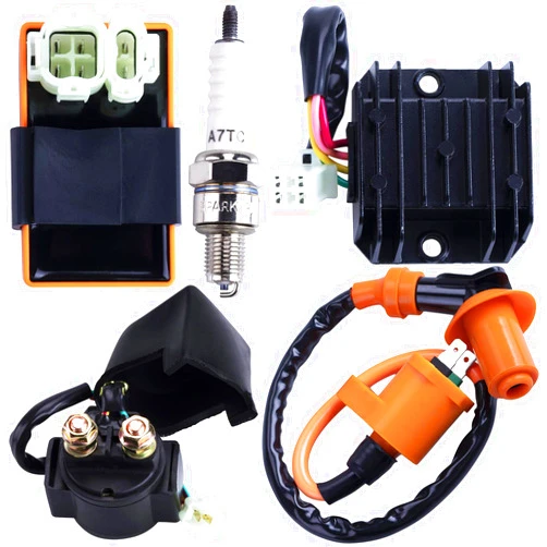 CNCMOTOK High Performance Racing GY6 Ignition Coil Voltage Regulator Rectifier Solenoid Relay 6 Pin AC CDI Spark Plug Kit for 50cc 125cc 150cc ATV Quad Go Kart Moped Scooter, Black