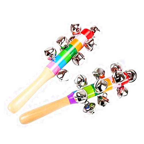 Dicanence 2 Pack Vivid Color Rainbow Handle Wooden Bells Jingle Stick Shaker Rattle 10 Jingle Bells Baby Kids Children Musical Toys