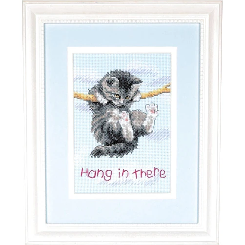 Dimensions Hang in There Cat Counted Cross Stitch Kit, 14 Count Light Blue Aida, 5'' x 7''