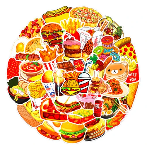 SVGDHZK Food Stickers, 50Pcs Cute Fast Food Stickers Chips Hamburger Stickers Yummy Aesthetic Waterproof Stickers for Kids Teens Girls Vinyl Stickers for Laptop Hydro Flask Phone Skateboard Luggage