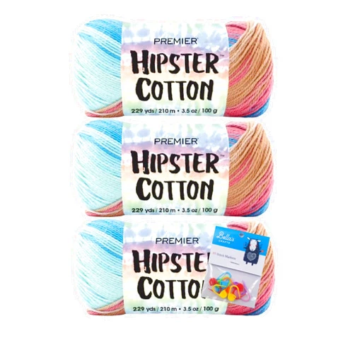Bella's Crafts Premier Yarns Hipster Cotton Yarn - 3.5 Oz - #3 DK Light Weight - 3 Pack Bundle with Bella's Crafts Stitch Markers (Desert Skies)