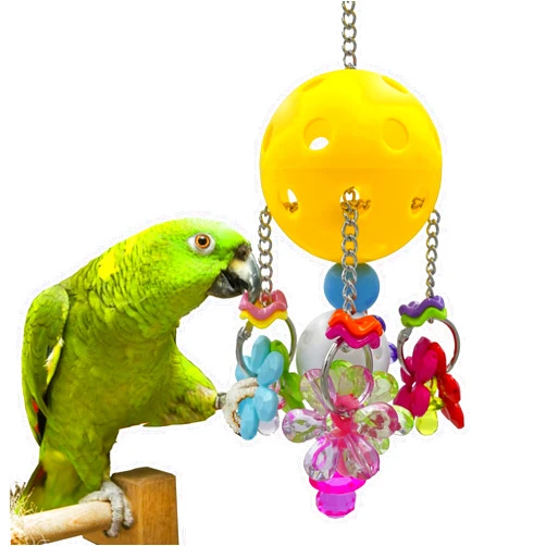 GILYGI Pullable Hanging Bird Colorful Plastic Ball Toys with Acrylic Pacifiers and Flowers for Medium Parrot Quaker Monk Parakeet Sun Conures (Yellow)