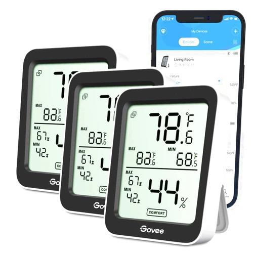 Govee Indoor Hygrometer Thermometer 3 Pack, Bluetooth Humidity Temperature Gauge with Large LCD Display, Notification Alert with Max Min Records, 2 Years Data Storage Export for Room Greenhouse, Black
