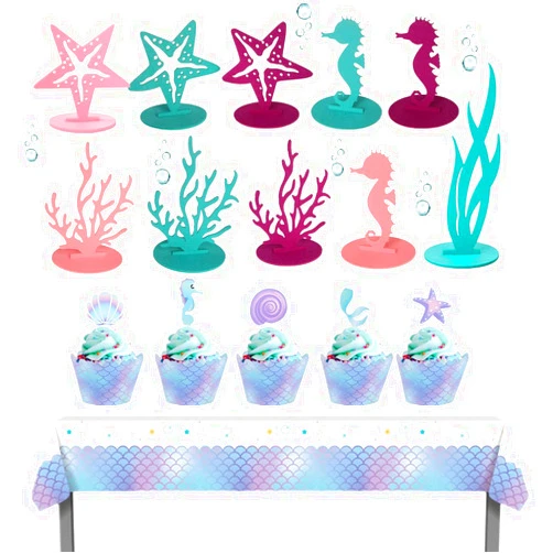 SanyGe 61Pcs Mermaid Birthday Decorations Supplies for Ocean Theme,Include 40Pcs Mermaid Cupcake Wrappers Toppers,20pcs Felt Table Centerpiece and 1pcs Mermaid Tablecloth