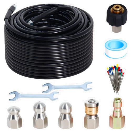 Generic Sewer Jetter Kit for Pressure Washer 100FT, 5800PSI Water Jet Drain Cleaner Hose 1/4 Inch NPT Corner with 4 Sewer Jetting Nozzles，Waterproof Tape, Pearl Corsage Pin, Handle Strap & 2 Spanners