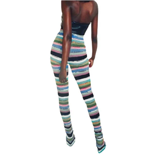FANTASYSKINS Women's Color Block Knitted Pants High Waisted Contrast Color Rainbow Skinny Bodycon Striped Legging Trousers