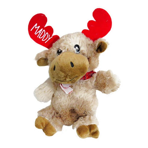 Handmade Kenzie's Boutique Personalized Christmas Chocolate Scented Moose – Custom Name Plush Toys - Reindeer Gift – Kids Secret Santa – Stuffed Toy Stocking Stuffer - Elk Plaid Scarf (Red Antlers)