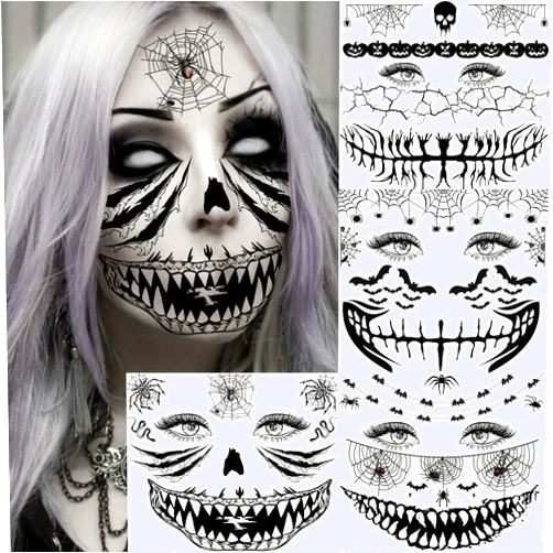 EGMBGM 4 Sheets Scary Halloween Face Temporary Tattoos For Women Men, 3D Witch Zombie Makeup Kit For Kids Girls Boys Adults, Dia de los muertos Day of the Dead Makeup Face Tattoos Spider Web Bat Scar