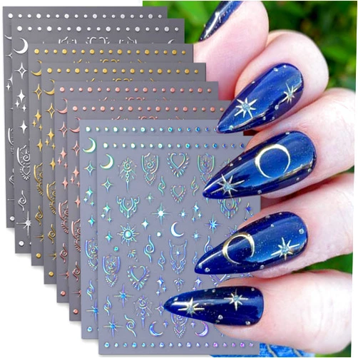 KEHKFSEF Moon Star Nail Stickers, 3D Self-Adhesive Art Decals Stars Sun Design Stickers Laser Gold Supplies Heart Silver for Women Girls DIY Acrylic Decoration.
