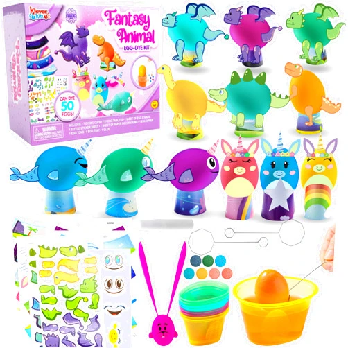 Klever Kits 27 PCS Easter Animal Egg Dye Kit, Easter DIY Egg Decorating Kit with Mermaid, Dinosaur and Unicorn Theme Stickers for Party Favor, Creativity Activity, Party Decorations