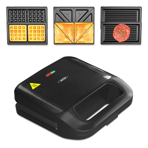 Sunvivi 3 in 1 Waffle, Grill & Sandwich Maker, Sandwich Maker Panini Press Waffle Iron Set with Removable Non-Stick Plates & Indicator Lights, Grill and Sandwich Press for Breakfast, 750W, Black