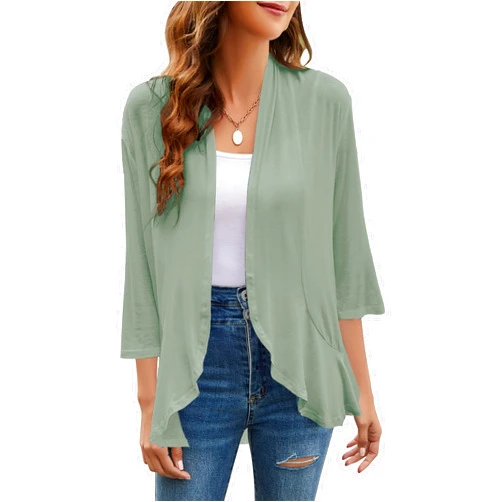 Yekaty Women Cardigan 3/4 Sleeves Open Front Lightweight Cardigan Draped Ruffles Knit Cardigan