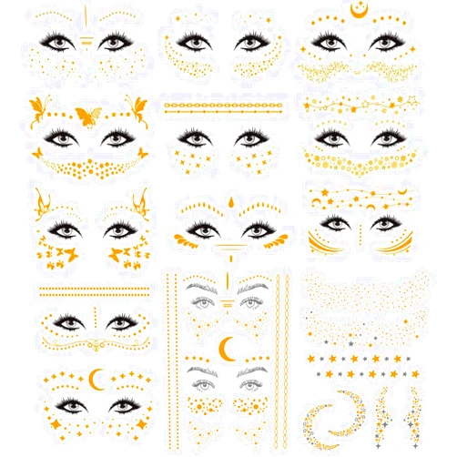 Kotbs Face Gold Temporary Tattoos, 11-Sheet Middle Size Metallic Temporary Face Tattoos for Women and 2-Sheet Large Face Decals Freckle Tattoo Stickers, Gold Face jewels Face Stickers for Festival Tattoos, Gold Tattoos Metallic Face Tattoos for Girls