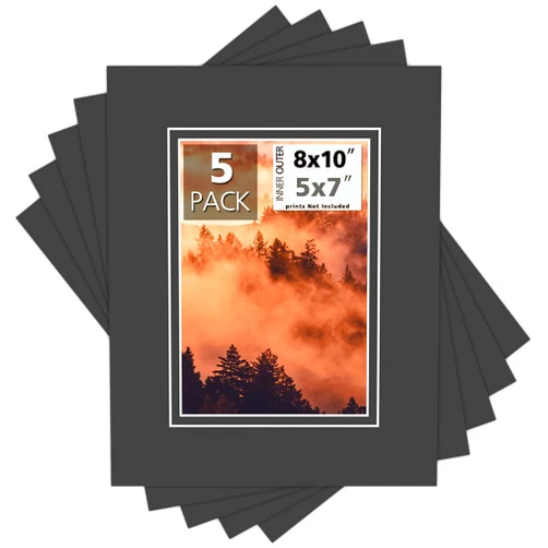 MBC MAT BOARD CENTER Mat Board Center, Pack of 5, 8x10 for 5x7 Photo Picture Double Mats - Acid Free, 8-ply Thickness, White Core - for Pictures, Photos, Framing (Black Over Black Color)