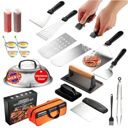 DRASTE Blackstone Griddle Accessories Kit, Stainless Steel Flat Top Grill Accessories for Outdoor Grill, Blackstone Griddle Tools with Spatula Set, Smash Burger Press Kit, Scraper & Basting Cover & Tong