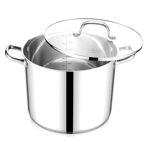 E-far 16 Quart Stainless Steel Stock Pot, Large Heavy Duty Induction Stockpot with Glass Lid for Cooking Soup Canning, Thick Tri-Ply Bottom & Riveted Handle, Compatible with All Stove, Dishwasher Safe
