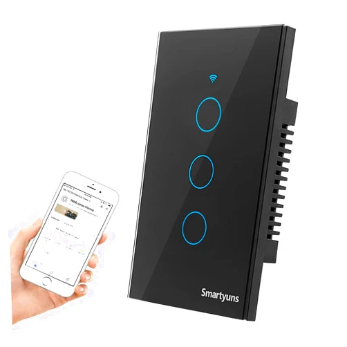 Smartyuns WiFi Smart Light Switch Black, Touch Light Switch with LED Indicator, US Standard Wall Switch Compatible with Alexa, Google Assistant,SmartLife APP(3 Gang Light Switch Black)
