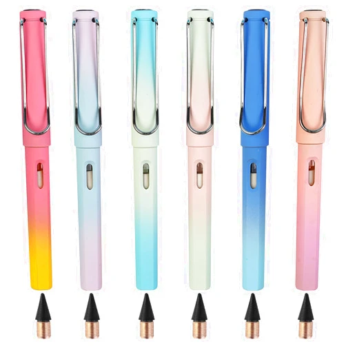 SLZQ 6 Pcs Inkless Eternal Pencils, Everlasting Infinity Magic Pencil with Eraser, Eternal Pencil For School Office for Writing, Sketch, Drawing (Dazzling Colors)