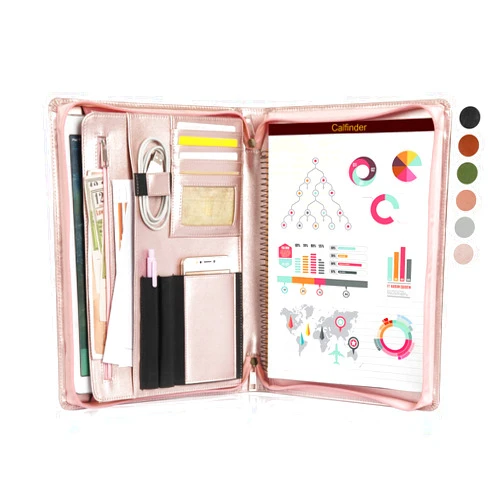 Calfinder Vegan Leather Portfolio with Zipper, Professional Resume Folder with A4 Writing Pad Holder, Pink Leather Portfolio for Women, Standard