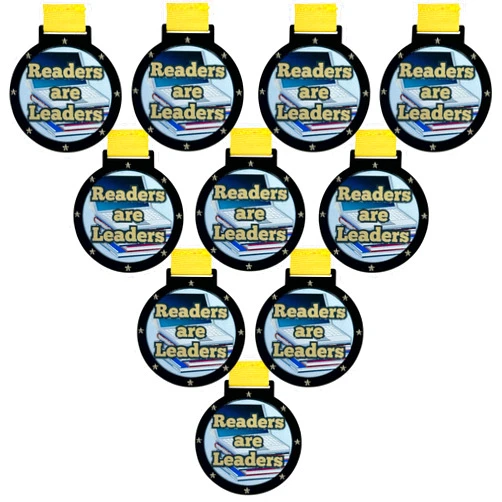 Express Medals 10 Pack of Large 2.25 Inch Readers are Leaders Award Medals with Attached Neck Ribbons Medal Trophies Gift Prize Team Black Gold Star UV 1st First Place Trophy